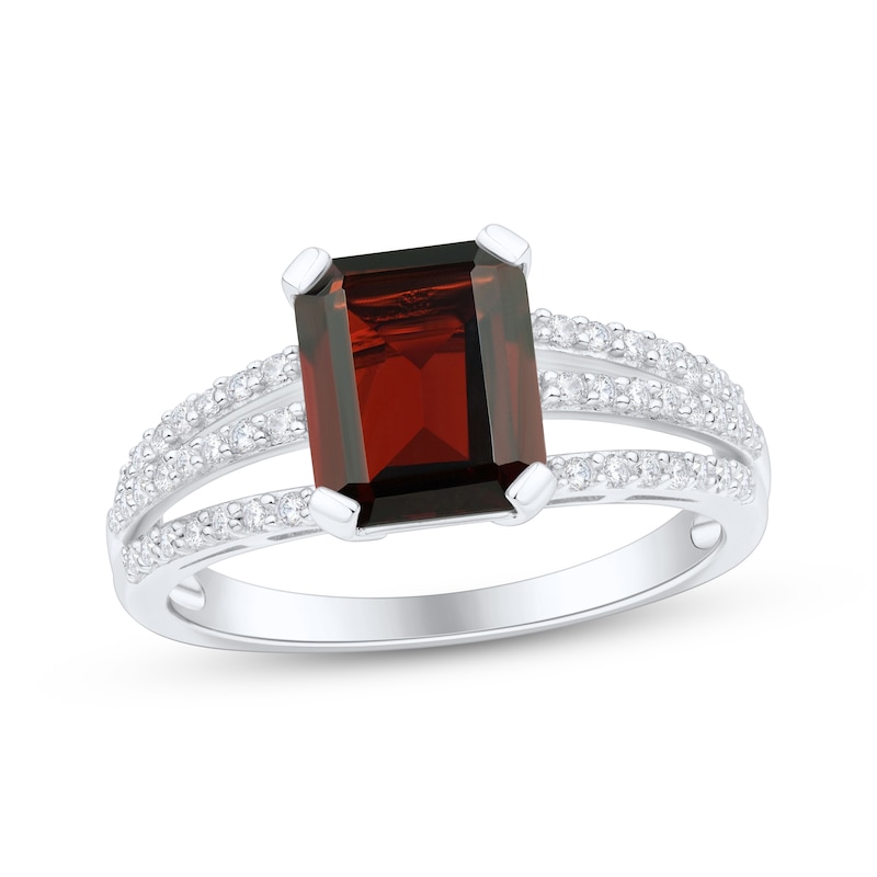 Main Image 1 of Emerald-Cut Garnet & White Lab-Created Sapphire Ring Sterling Silver
