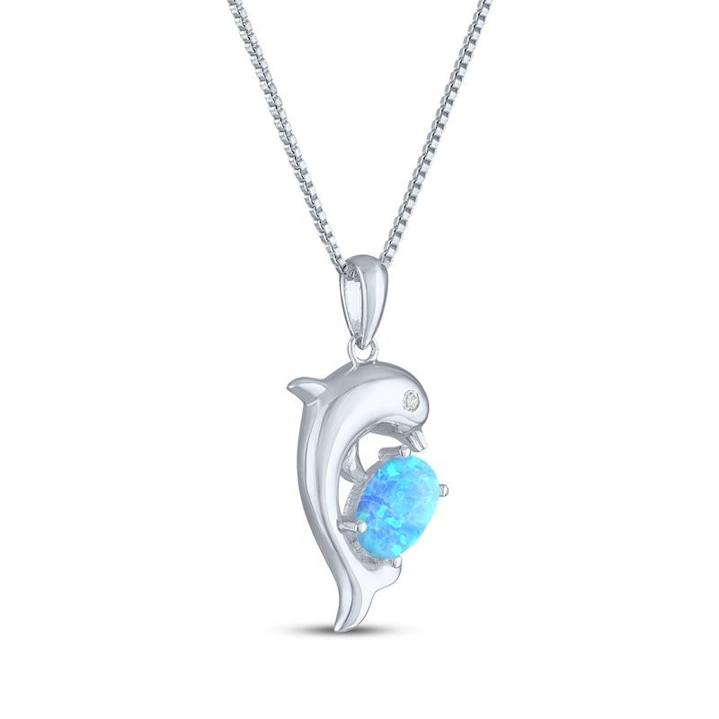 Main Image 2 of Oval-Cut Blue Lab-Created Opal & White Lab-Created Sapphire Dolphin Necklace Sterling Silver 18"