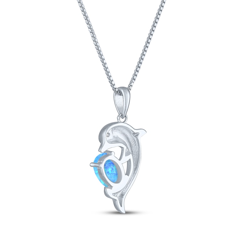 Main Image 3 of Oval-Cut Blue Lab-Created Opal & White Lab-Created Sapphire Dolphin Necklace Sterling Silver 18"