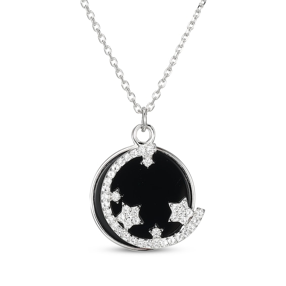 Black Agate & White Lab-Created Sapphire Crescent Moon & Stars Necklace Sterling Silver 18"