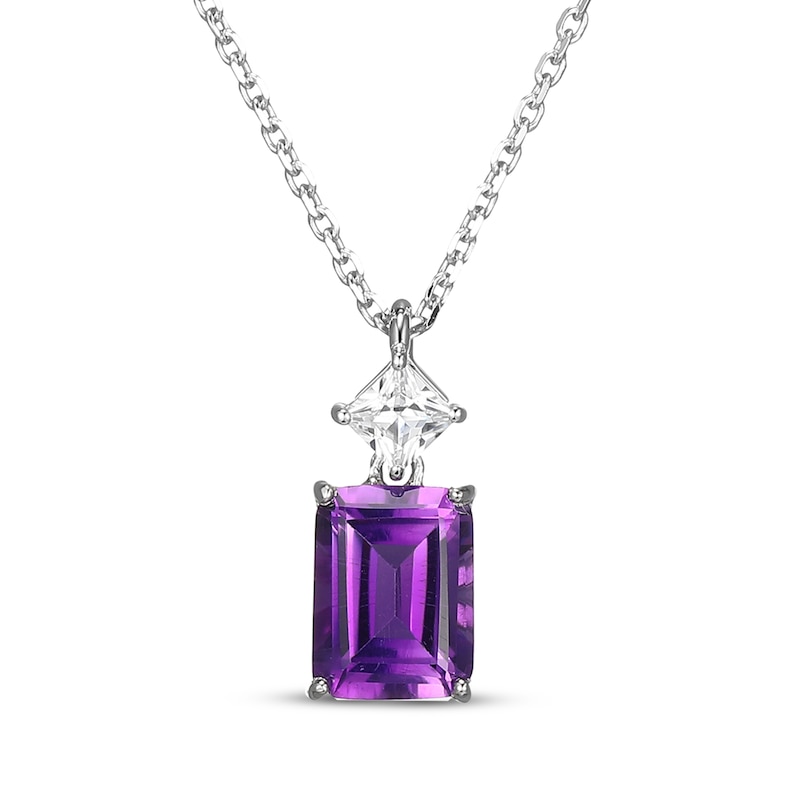 Main Image 1 of Emerald-Cut Amethyst & Square-Cut White Lab-Created Sapphire Necklace Sterling Silver 18"