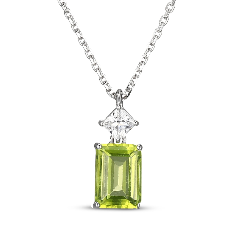Main Image 1 of Emerald-Cut Peridot & Square-Cut White Lab-Created Sapphire Necklace Sterling Silver 18"