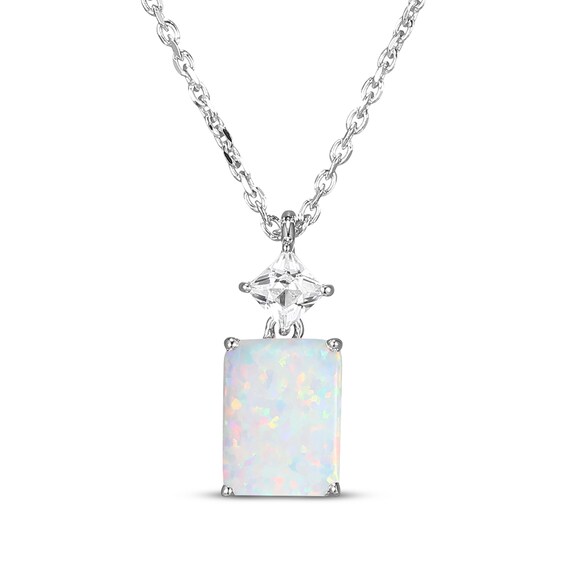 Emerald-Cut Lab-Created Opal & Square-Cut White Lab-Created Sapphire Necklace Sterling Silver 18"
