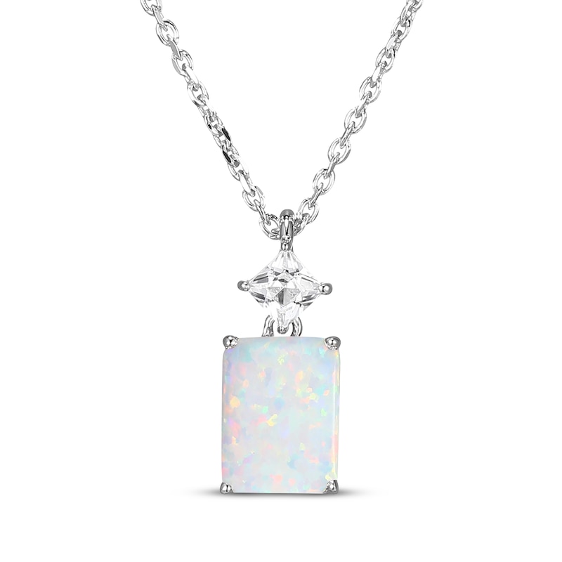 Main Image 1 of Emerald-Cut Lab-Created Opal & Square-Cut White Lab-Created Sapphire Necklace Sterling Silver 18"