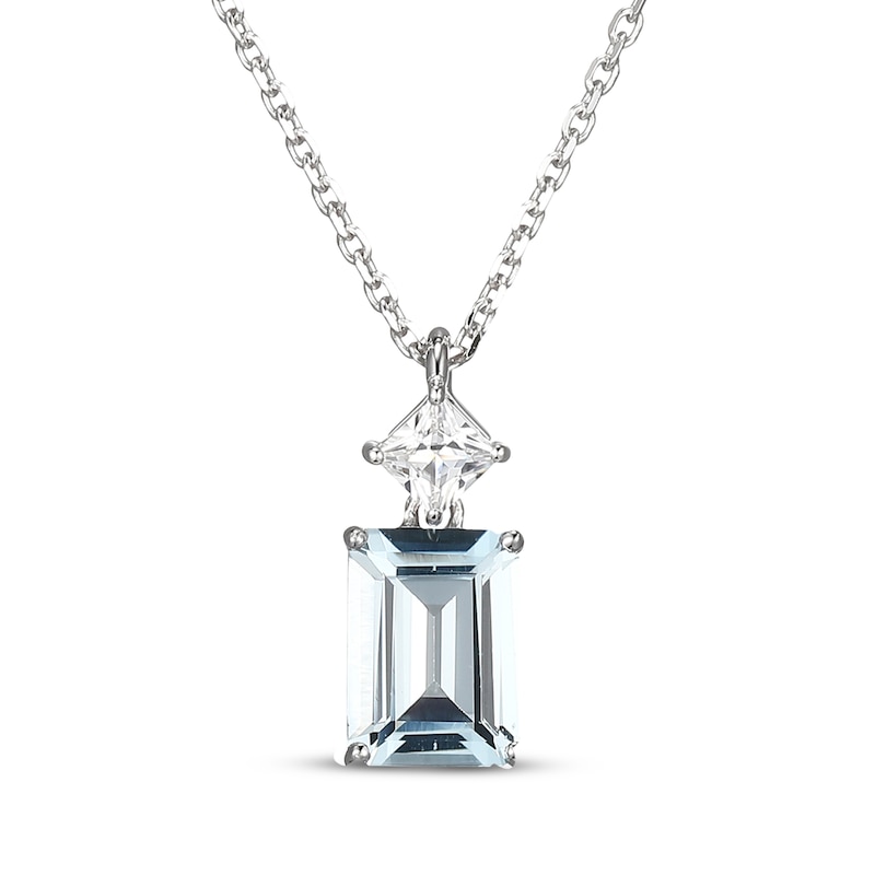 Main Image 1 of Emerald-Cut Aquamarine & Square-Cut White Lab-Created Sapphire Necklace Sterling Silver 18"