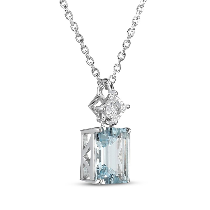 Main Image 2 of Emerald-Cut Aquamarine & Square-Cut White Lab-Created Sapphire Necklace Sterling Silver 18"