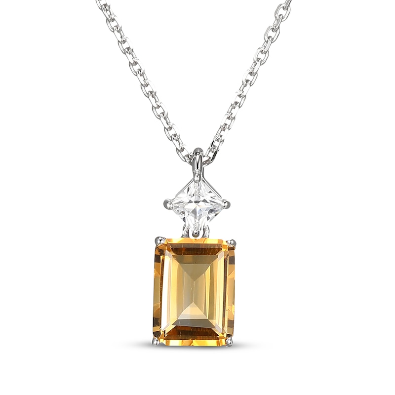 Main Image 1 of Emerald-Cut Citrine & Square-Cut White Lab-Created Sapphire Necklace Sterling Silver 18"