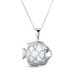 Oval-Cut Lab-Created Opal & Blue Lab-Created Sapphire Fish Necklace Sterling Silver 18"