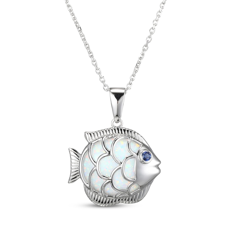 Main Image 1 of Oval-Cut Lab-Created Opal & Blue Lab-Created Sapphire Fish Necklace Sterling Silver 18"
