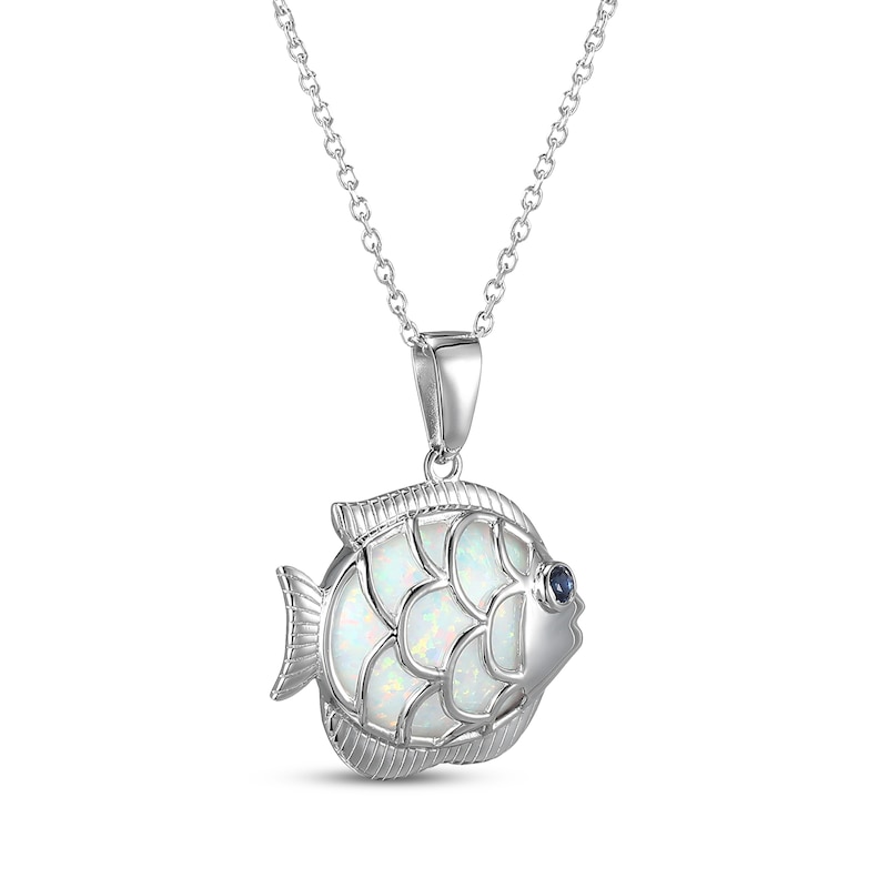 Main Image 2 of Oval-Cut Lab-Created Opal & Blue Lab-Created Sapphire Fish Necklace Sterling Silver 18"
