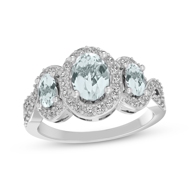 Main Image 1 of Oval-Cut Aquamarine & White Lab-Created Sapphire Three-Stone Ring Sterling Silver