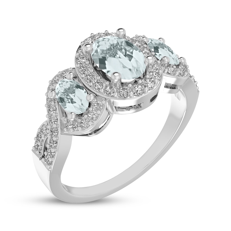 Main Image 2 of Oval-Cut Aquamarine & White Lab-Created Sapphire Three-Stone Ring Sterling Silver