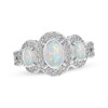 Thumbnail Image 1 of Oval-Cut Lab-Created Opal & White Lab-Created Sapphire Three-Stone Ring Sterling Silver