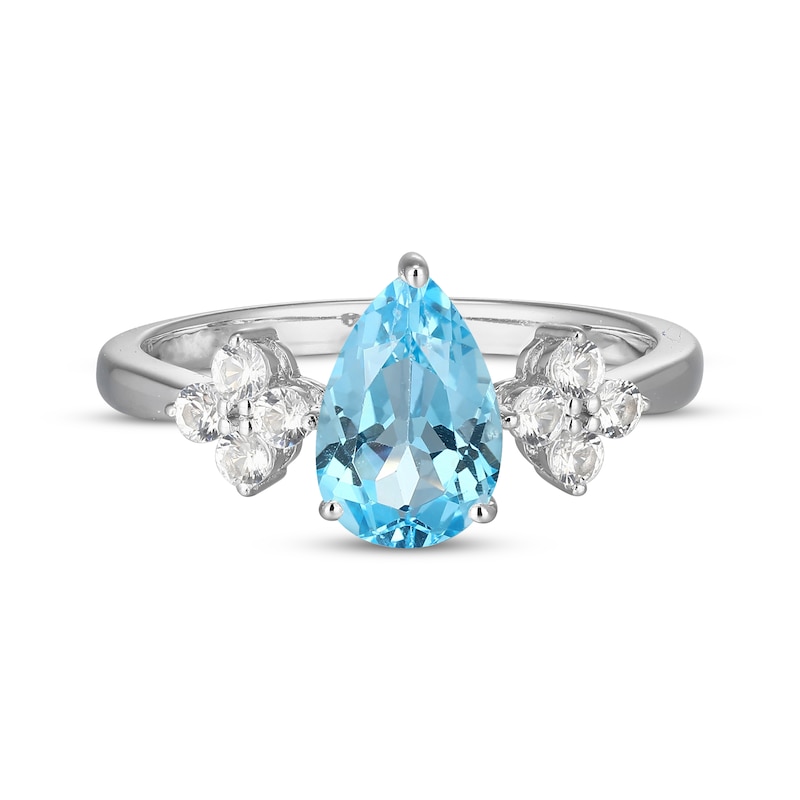 Main Image 3 of Pear-Shaped Swiss Blue Topaz & White Lab-Created Sapphire Ring Sterling Silver