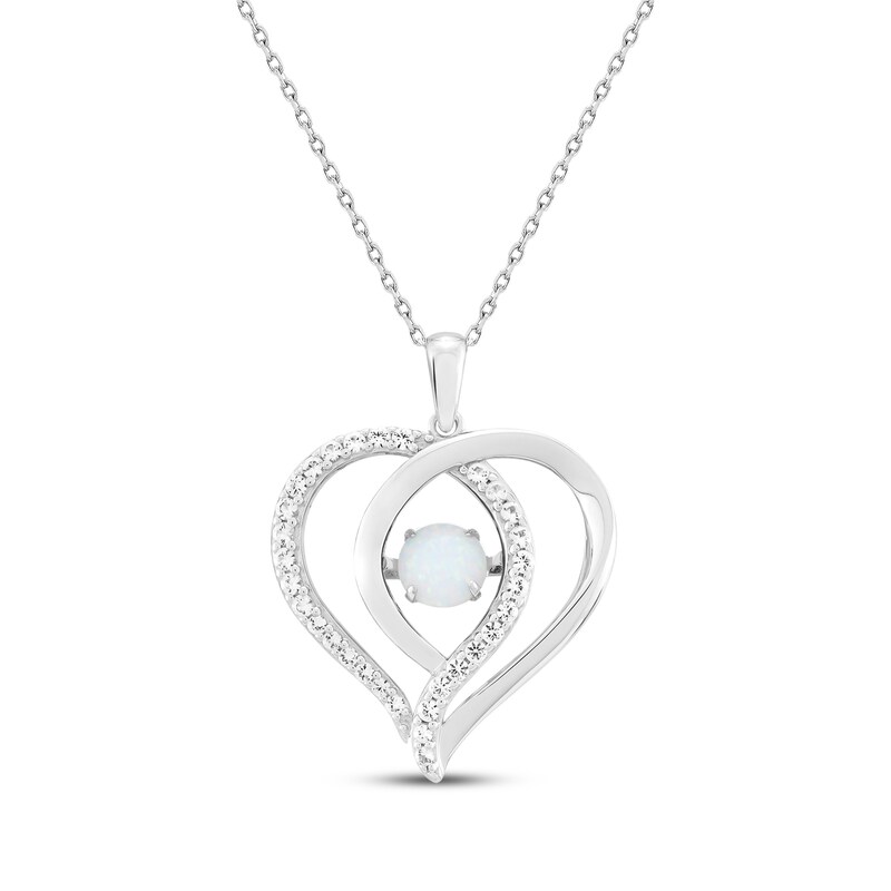Main Image 1 of Lab-Created Opal & White Lab-Created Sapphire Heart Necklace Sterling Silver 18"