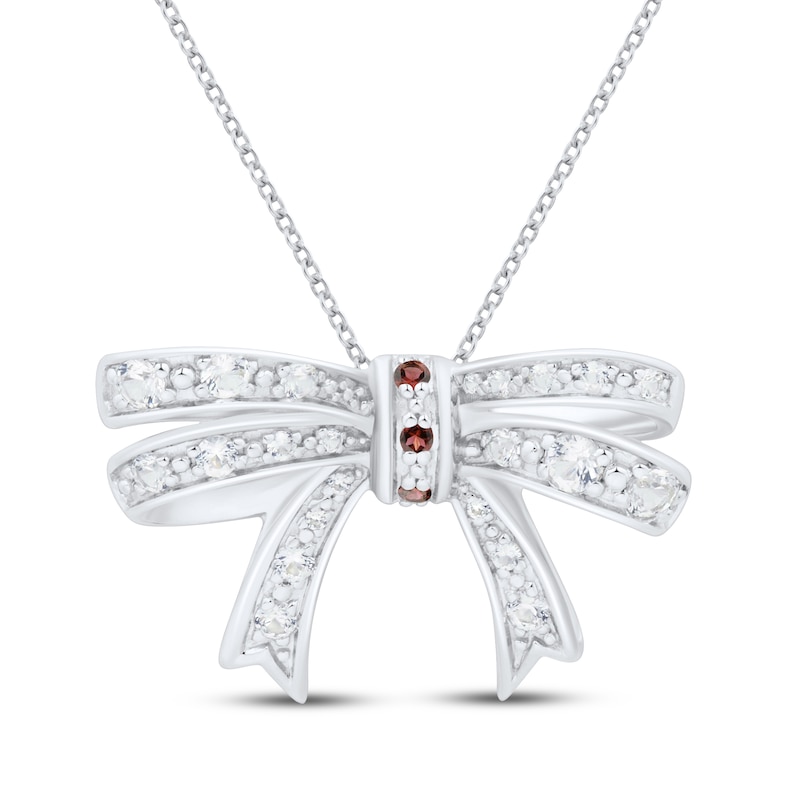 Main Image 1 of Garnet & White Lab-Created Sapphire Bow Necklace Sterling Silver 18"