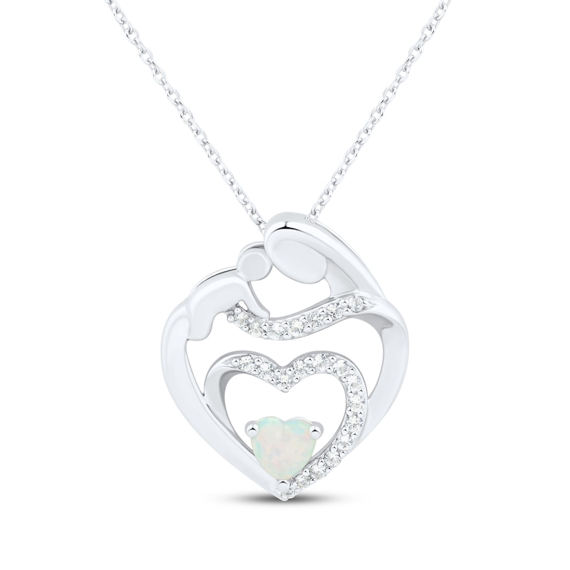 Main Image 1 of Heart-Shaped Lab-Created Opal & White Lab-Created Sapphire Mother & Child Heart Necklace Sterling Silver 18"