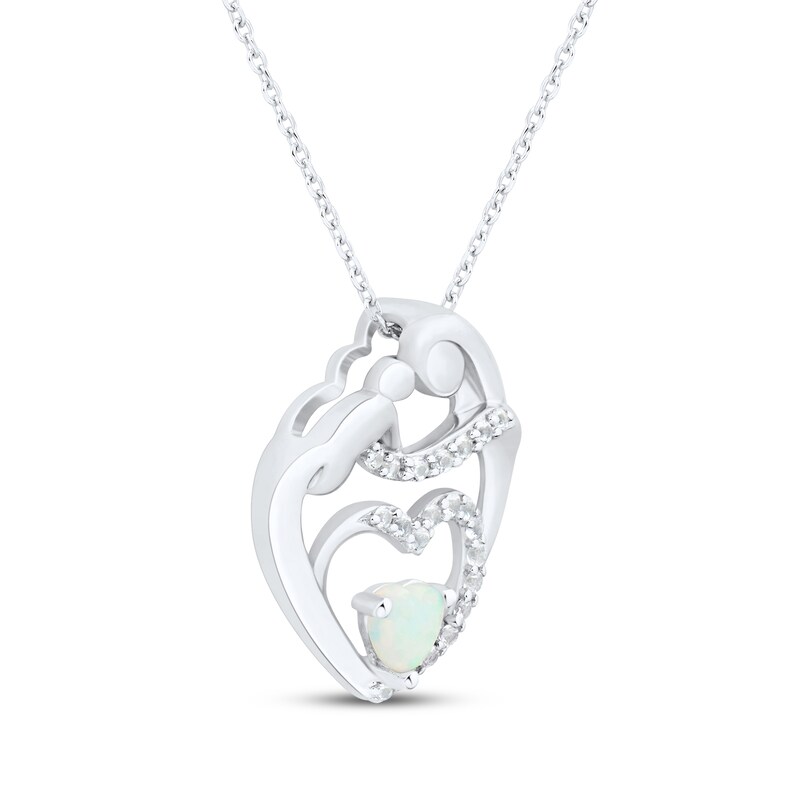 Main Image 2 of Heart-Shaped Lab-Created Opal & White Lab-Created Sapphire Mother & Child Heart Necklace Sterling Silver 18"