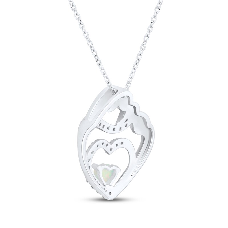 Main Image 3 of Heart-Shaped Lab-Created Opal & White Lab-Created Sapphire Mother & Child Heart Necklace Sterling Silver 18"
