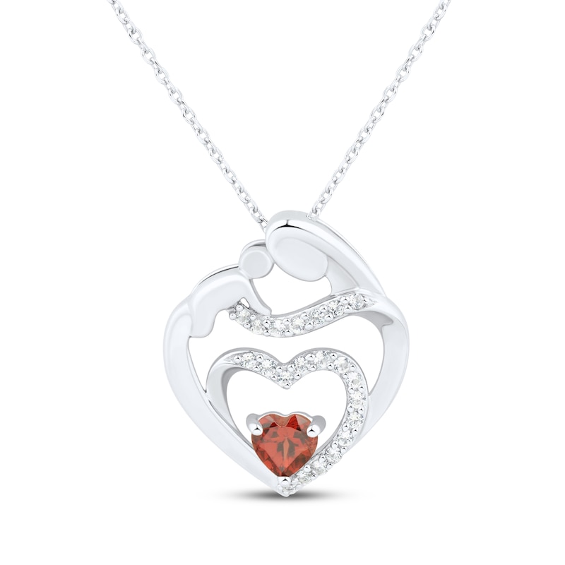 Main Image 1 of Heart-Shaped Garnet & White Lab-Created Sapphire Mother & Child Heart Necklace Sterling Silver 18"