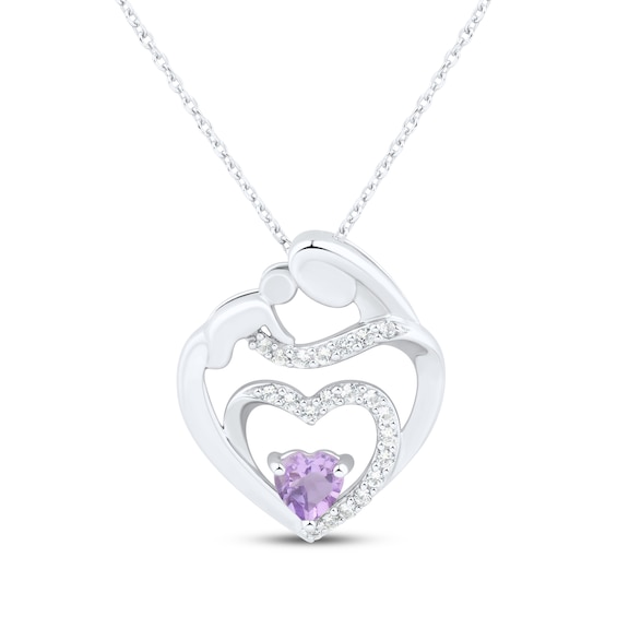 Heart-Shaped Amethyst & White Lab-Created Sapphire Mother & Child Heart Necklace Sterling Silver 18"