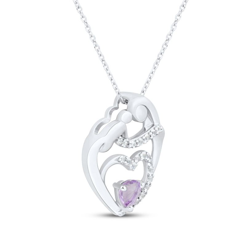 Main Image 2 of Heart-Shaped Amethyst & White Lab-Created Sapphire Mother & Child Heart Necklace Sterling Silver 18"