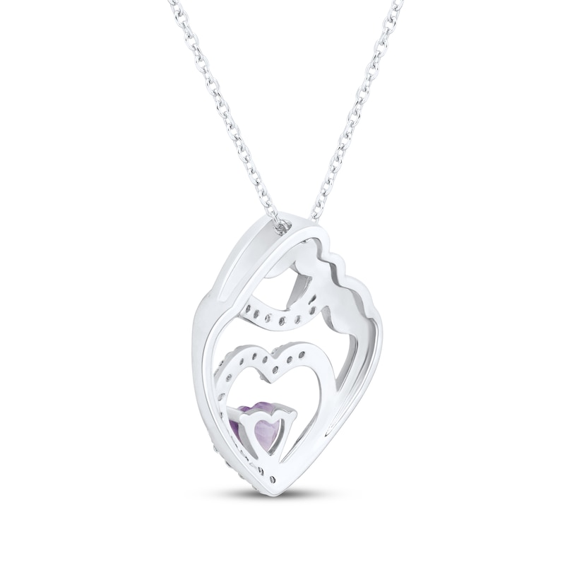 Main Image 3 of Heart-Shaped Amethyst & White Lab-Created Sapphire Mother & Child Heart Necklace Sterling Silver 18"