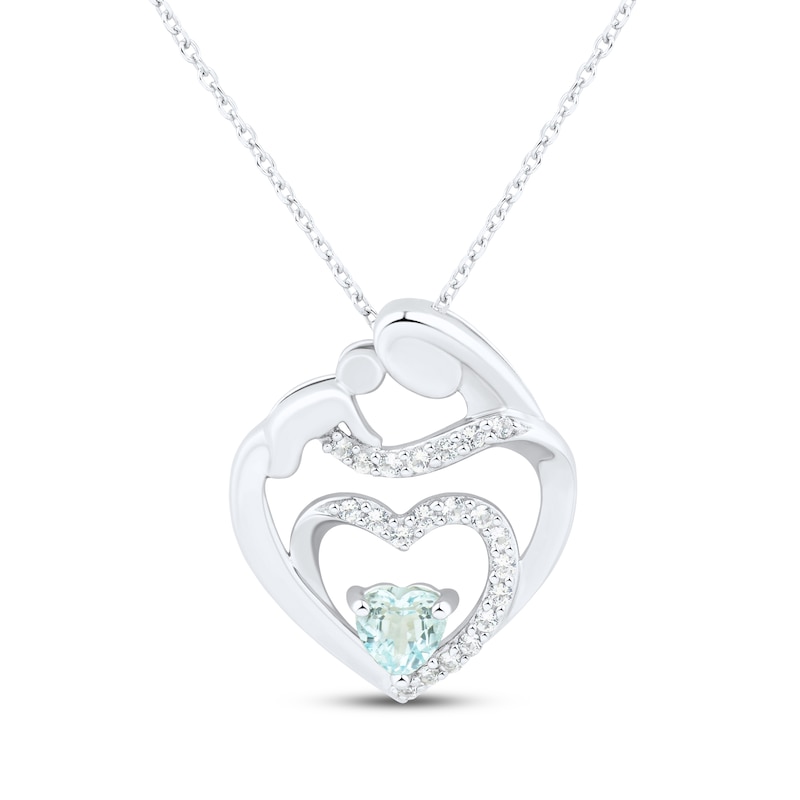 Main Image 1 of Heart-Shaped Aquamarine & White Lab-Created Sapphire Mother & Child Heart Necklace Sterling Silver 18"