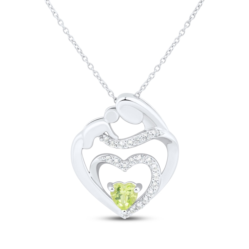 Main Image 1 of Heart-Shaped Peridot & White Lab-Created Sapphire Mother & Child Heart Necklace Sterling Silver 18"