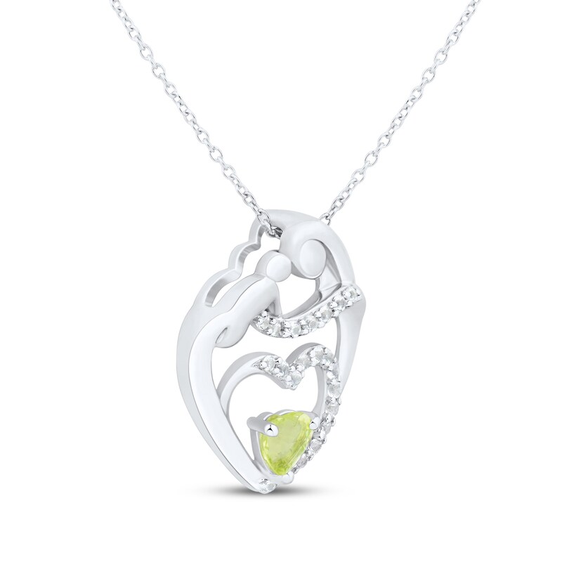Main Image 2 of Heart-Shaped Peridot & White Lab-Created Sapphire Mother & Child Heart Necklace Sterling Silver 18"