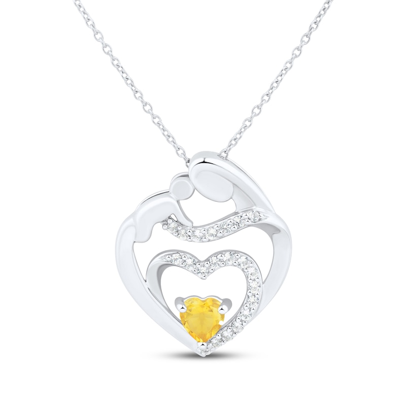 Main Image 1 of Heart-Shaped Citrine & White Lab-Created Sapphire Mother & Child Heart Necklace Sterling Silver 18"