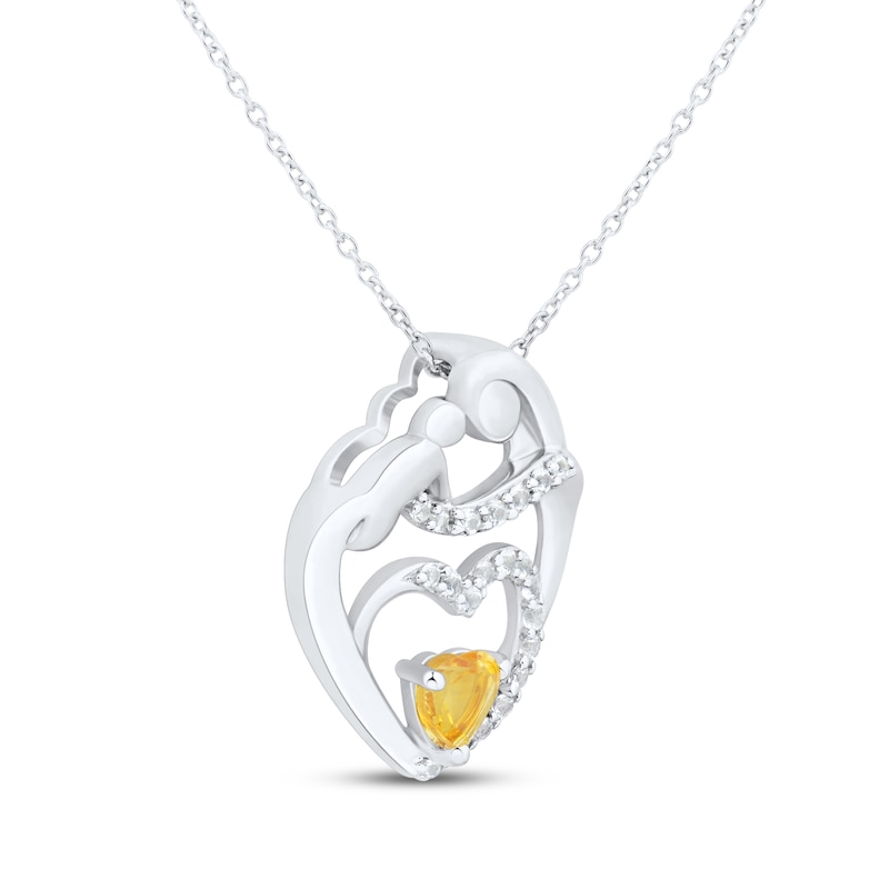 Main Image 2 of Heart-Shaped Citrine & White Lab-Created Sapphire Mother & Child Heart Necklace Sterling Silver 18"