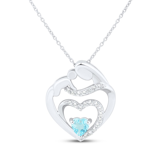 Heart-Shaped Swiss Blue Topaz & White Lab-Created Sapphire Mother & Child Heart Necklace Sterling Silver 18"