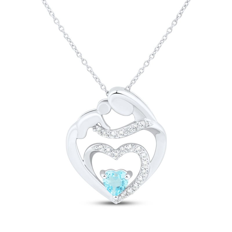 Main Image 1 of Heart-Shaped Swiss Blue Topaz & White Lab-Created Sapphire Mother & Child Heart Necklace Sterling Silver 18"