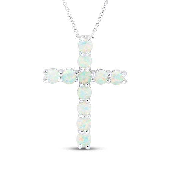 Lab-Created Opal Cross Necklace Sterling Silver 18"