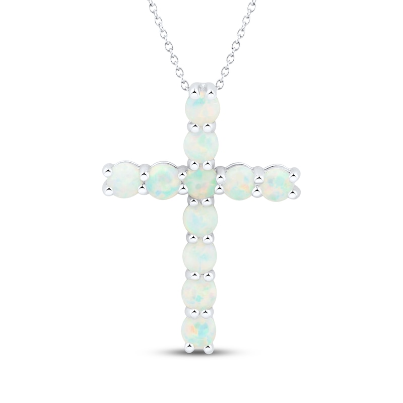 Main Image 1 of Lab-Created Opal Cross Necklace Sterling Silver 18"