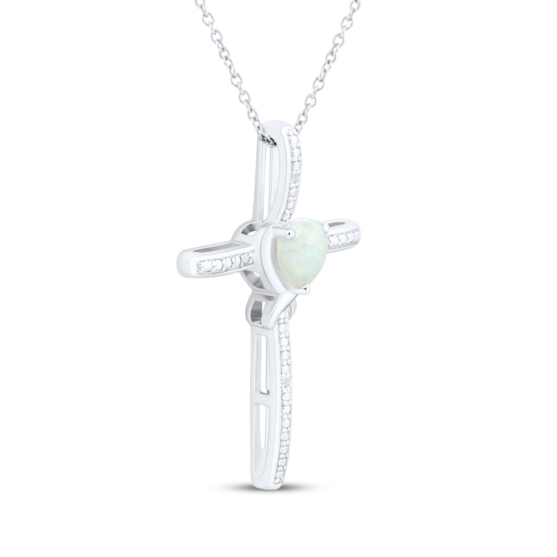 Main Image 2 of Heart-Shaped Lab-Created Opal & White Lab-Created Sapphire Cross Necklace Sterling Silver 18"