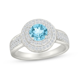 Swiss Blue Topaz & White Lab-Created Sapphire Double Halo Ring Sterling Silver