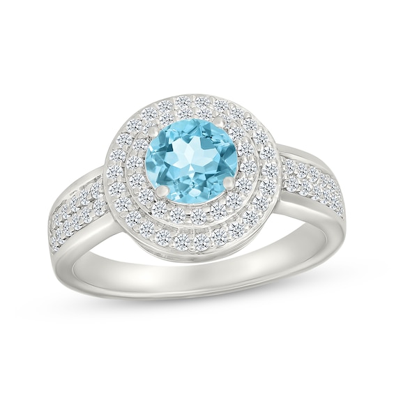 Swiss Blue Topaz & White Lab-Created Sapphire Double Halo Ring Sterling Silver
