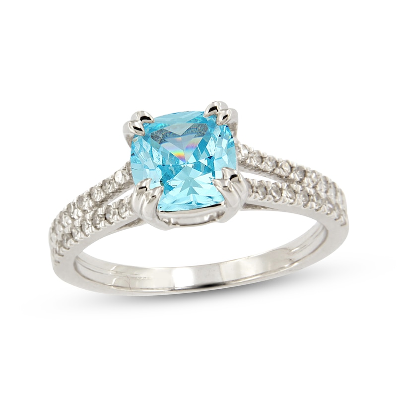 Main Image 1 of Cushion-Cut Aquamarine & White Lab-Created Sapphire Ring Sterling Silver