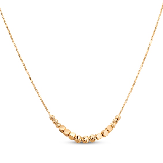 Italian Brilliance Round & Cube Bead Necklace Hollow 14K Yellow Gold 18"