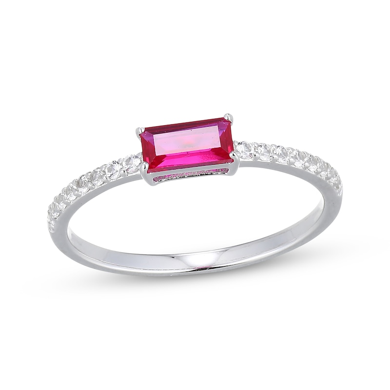 Main Image 1 of Baguette-Cut Lab-Created Ruby & White Lab-Created Sapphire Ring Sterling Silver