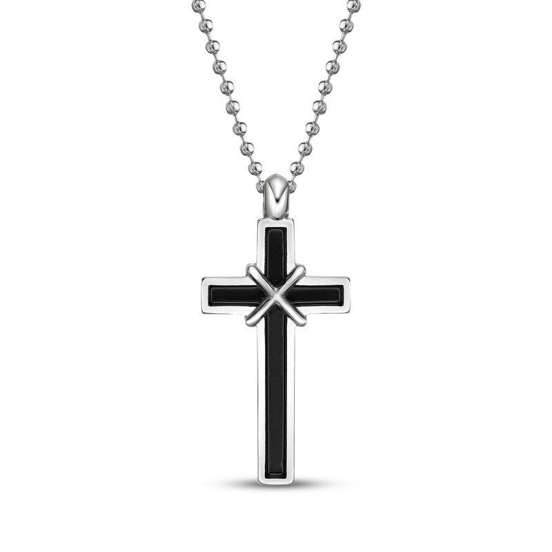 Main Image 1 of Men's Black Enamel Cross Necklace Stainless Steel 22"