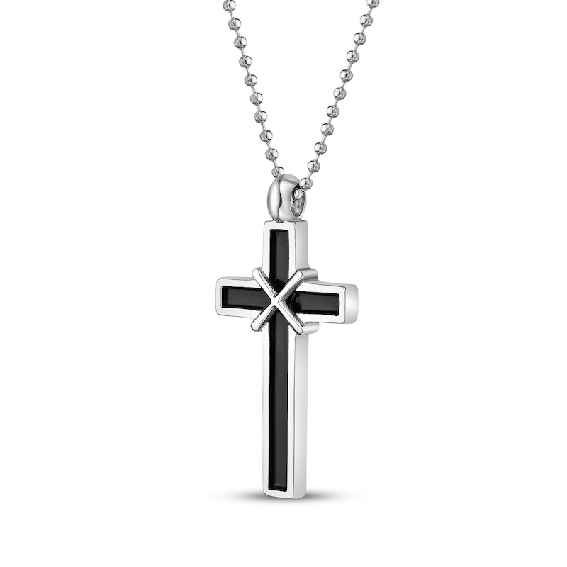 Main Image 2 of Men's Black Enamel Cross Necklace Stainless Steel 22"