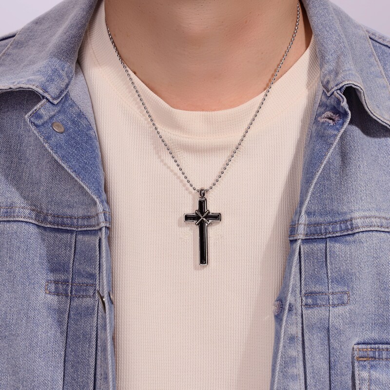 Main Image 4 of Men's Black Enamel Cross Necklace Stainless Steel 22"