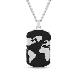 Men's World Map Dog Tag Necklace Stainless Steel with Black & White Ion Plating 24"