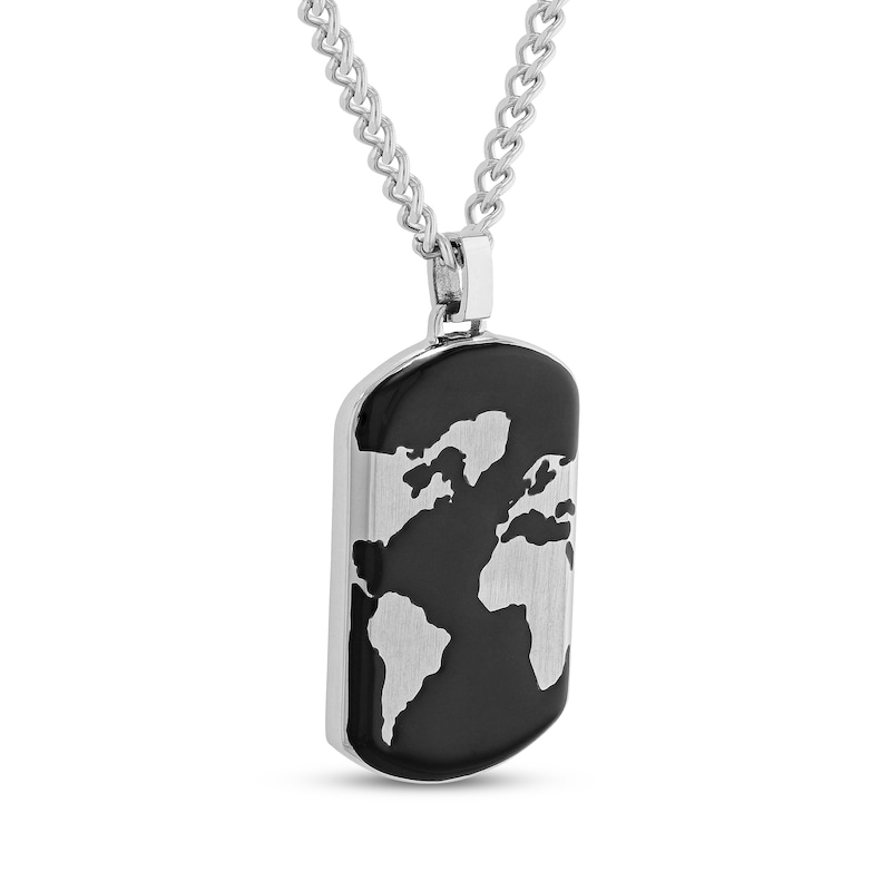 Main Image 2 of Men's World Map Dog Tag Necklace Stainless Steel with Black & White Ion Plating 24"