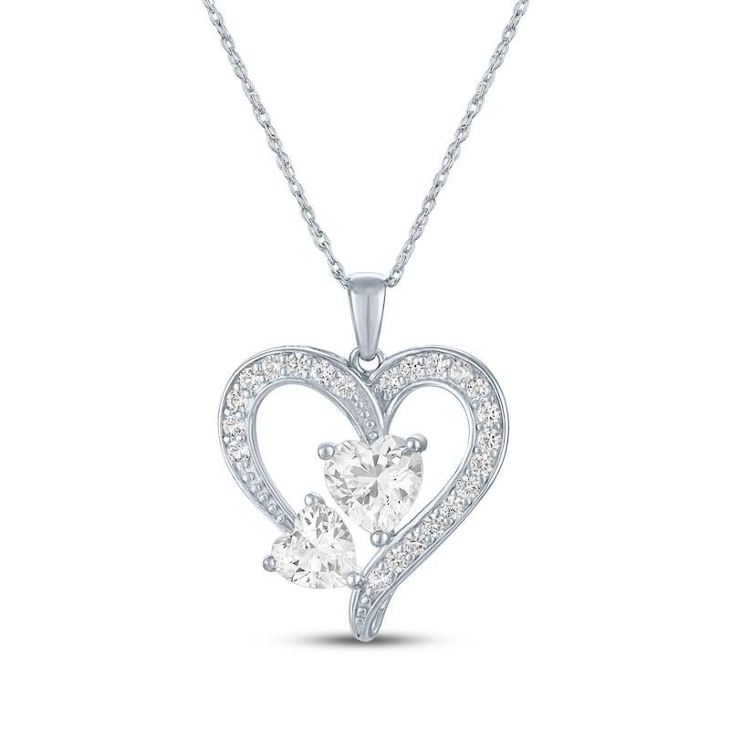 Main Image 1 of Heart-Shaped White Lab-Created Sapphire Two-Stone Necklace Sterling Silver 18"
