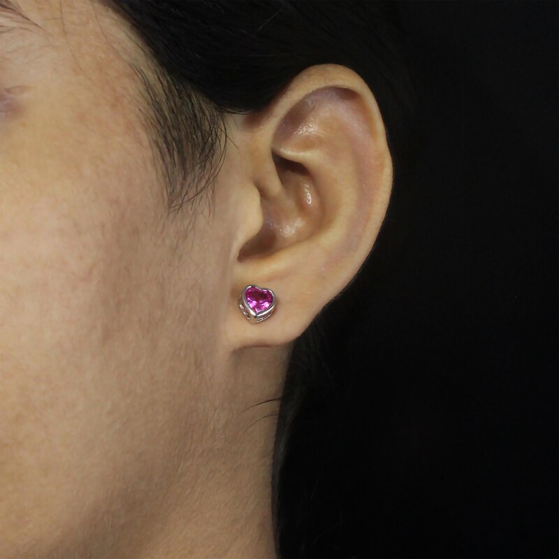Main Image 3 of Heart-Shaped Pink Lab-Created Sapphire Stud Earrings Sterling Silver