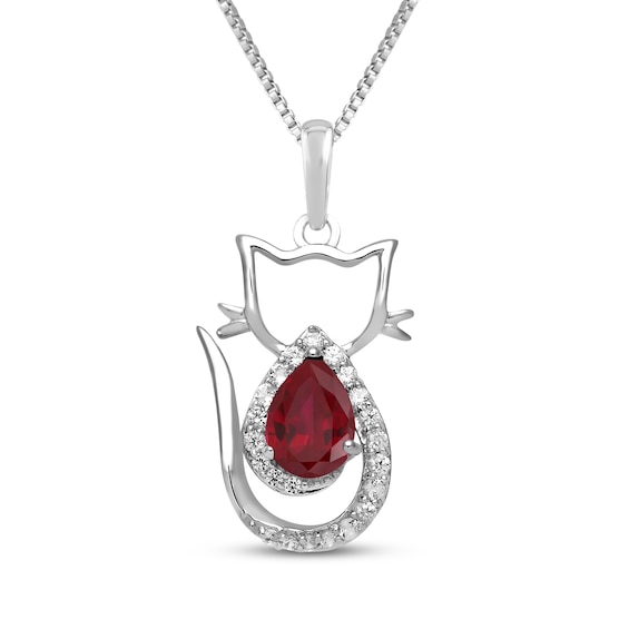 Pear-Shaped Lab-Created Ruby & White Lab-Created Sapphire Cat Necklace Sterling Silver 18"